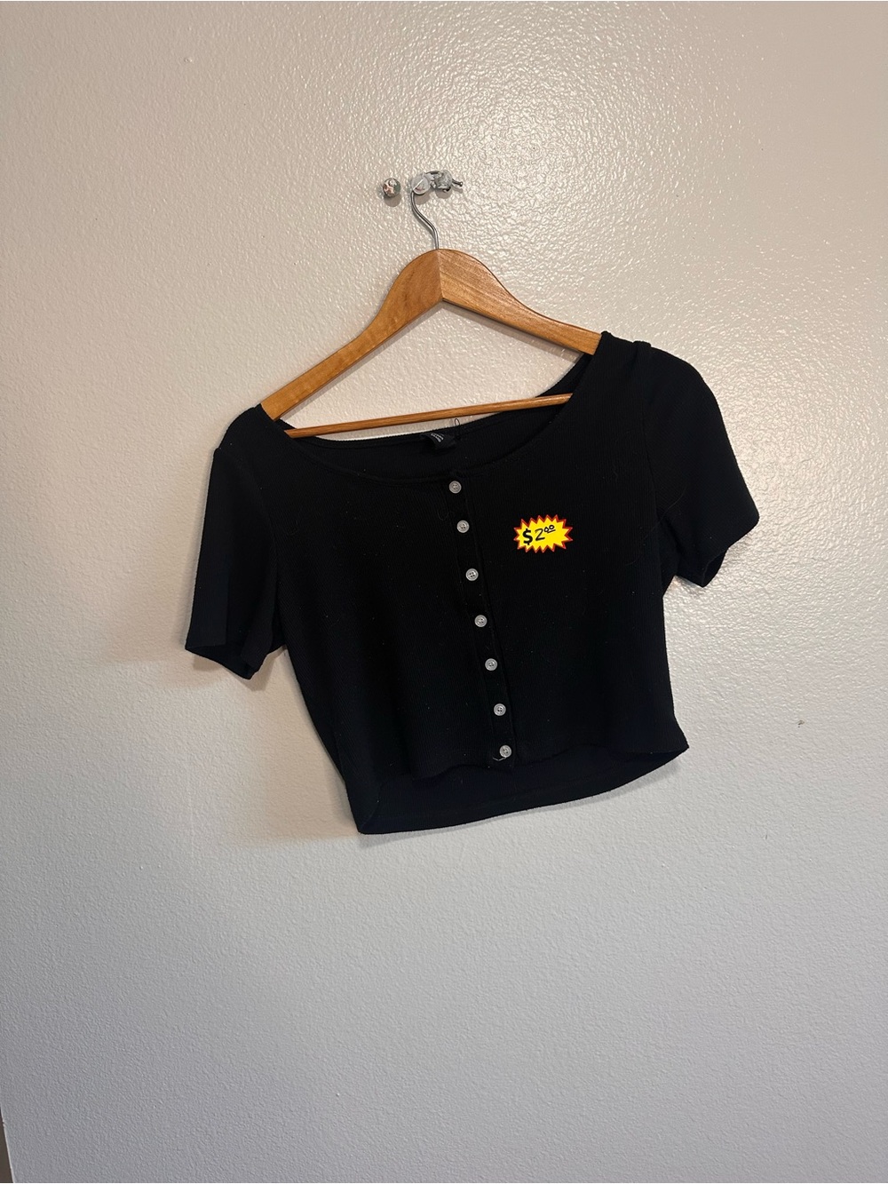 Black Short-Sleeve Button-Front Crop Top